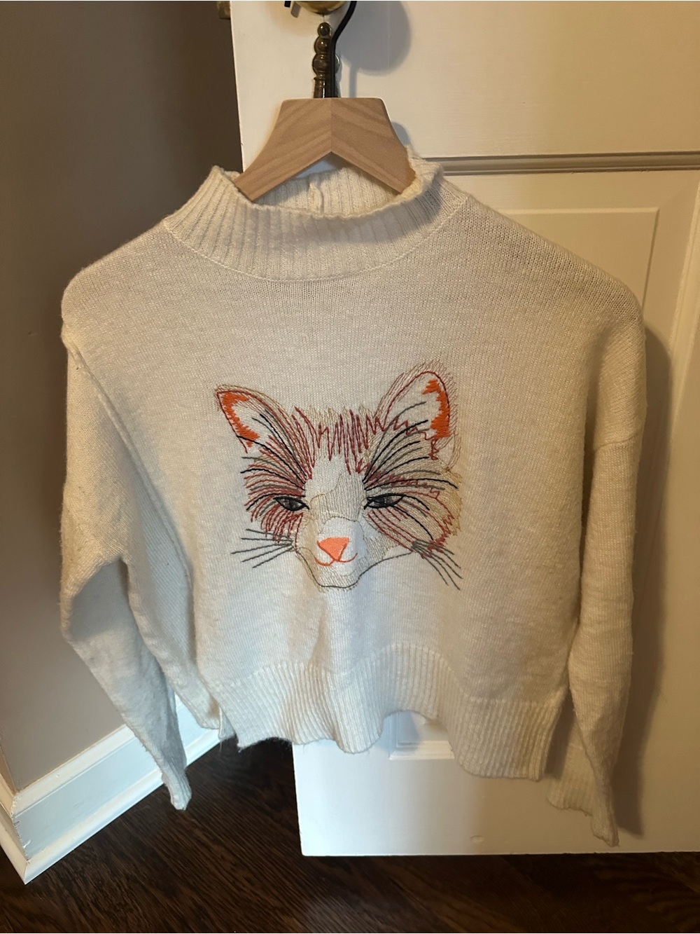 Moth Cream Mock Neck Cat Face Sweater